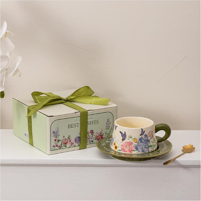 Detalle de ENSFTF coffee cup and saucer set (300ml) with green butterfly & flower pattern