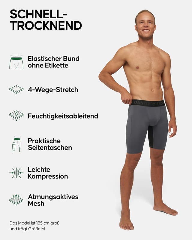 Detalle de DANISH ENDURANCE Kompressions Shorts Herren (2er Pack) – kurze Sporthose mit Taschen für Lauftraining & Fitness