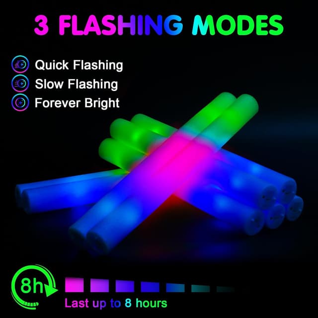 Detalle de wellent 112 PCS Foam Glow Sticks (3 Color Modes, 3 Flashing Modes) LED Light Up Foam Party Pack