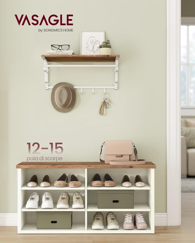 Detalle 2 de VASAGLE Panca scarpiera LSB036W02 con 6 scomparti e 6 ripiani regolabili, 100 cm, bianco vintage e marrone miele