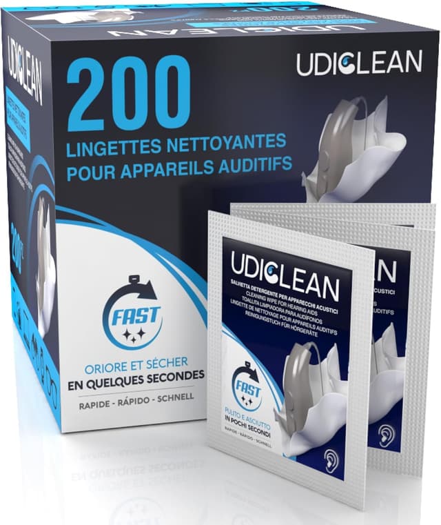 Detalle de 200 lingettes humidifiées Udiclean, emballées individuellement, pour appareils auditifs et implants cochléaires