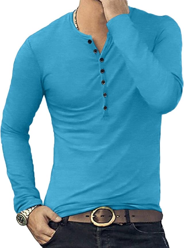 Detalle de KUYIGO men’s cotton slim fit henley T-shirt with 7 buttons (short sleeve)