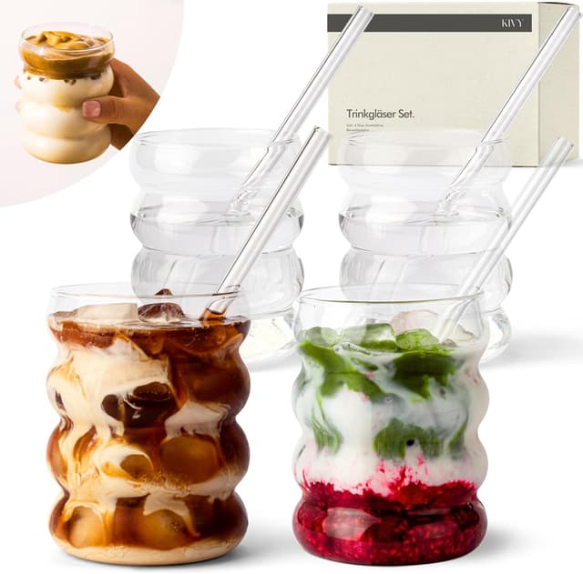 Detalle de KIVY Bubble Trinkgläser-Set (350 ml) mit Glas-Strohhalmen – Longdrinkgläser für Eiskaffee, Wasser & Cocktails