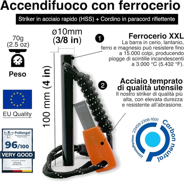 Detalle de aZengear Accendifuoco Firesteel Ferrocerio XXL con raschietto HSS e paracord fluorescente