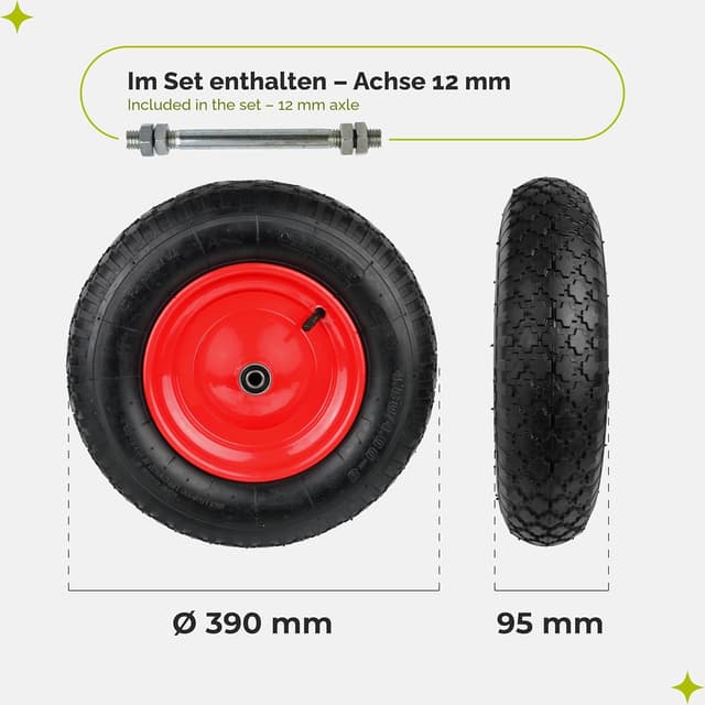Detalle 2 de Garronda 2er-Set Ersatzrad für Schubkarre 4.80/4.00-8 (Ø 390 mm) Luftreifen mit Achse