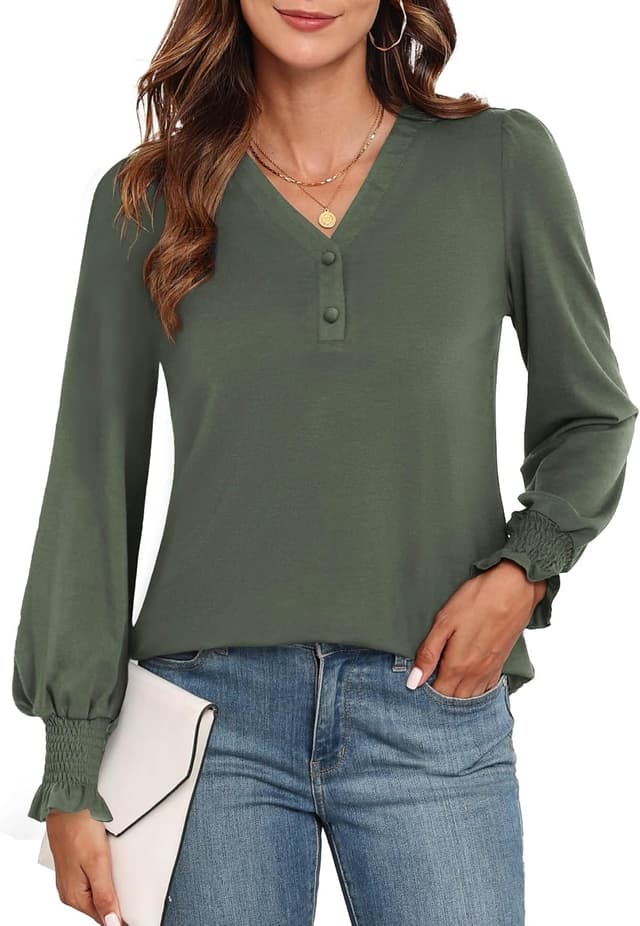 Detalle de Neineiwu Langarmshirt Damen mit V-Ausschnitt und Knopfleiste – elegante Bluse lässig kombinierbar