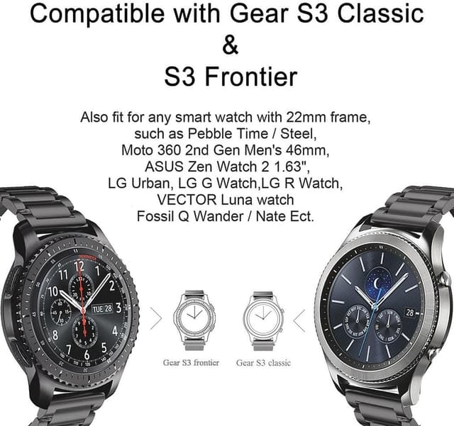 Detalle de OT OPO stainless steel strap for Galaxy Watch 3 45mm/46mm and Gear S3 (22mm) – Metal Black replacement bracelet