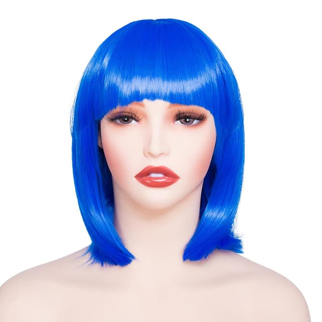 Detalle 2 de PARXITN Bob-Perücke mit Pony in Blau – Synthetikhaar, ca. 28 cm Schulterlänge, gewellt