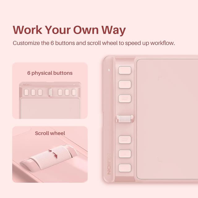 Detalle de HUION Inspiroy 2 S graphics tablet with PW110 battery-free pen, 8192 levels, 6 shortcut keys and scroller (Pink)