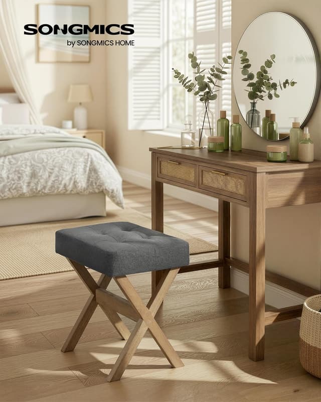 Detalle de SONGMICS Sgabello da toeletta imbottito LSF006GN01, poggiapiedi e sgabello trucco in legno a X (32 x 42 x 46 cm)