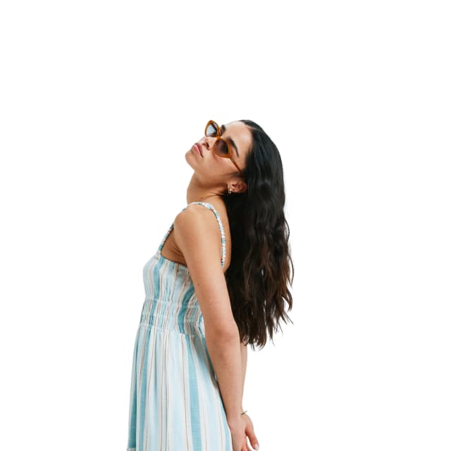 Detalle de Roxy Sunshine Coastline Stripe: vestido de mujer de tirantes y falda vaporosa