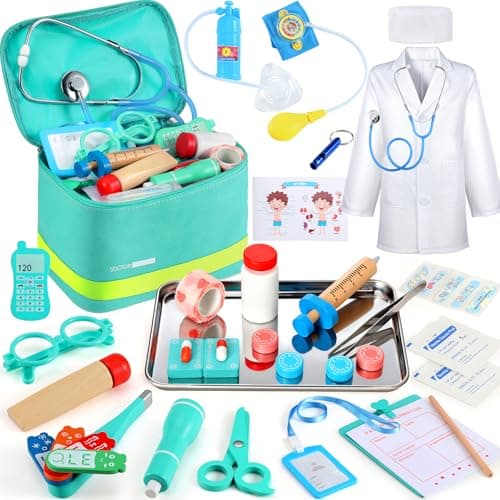 Detalle de Perbabe Maletín médico de madera con estetoscopio real y kit de rol (32 piezas) para niños
