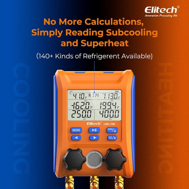 Detalle de Elitech LMG-10W Wireless Digital Manifold Gauge Set with Data Logging (HVAC Refrigerant Gauges)