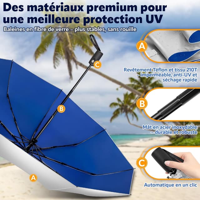 Detalle 2 de ZOMAKE Soleil Parapluie automatique pliant UPF 50+ — parapluie compact anti-UV et anti-tempête