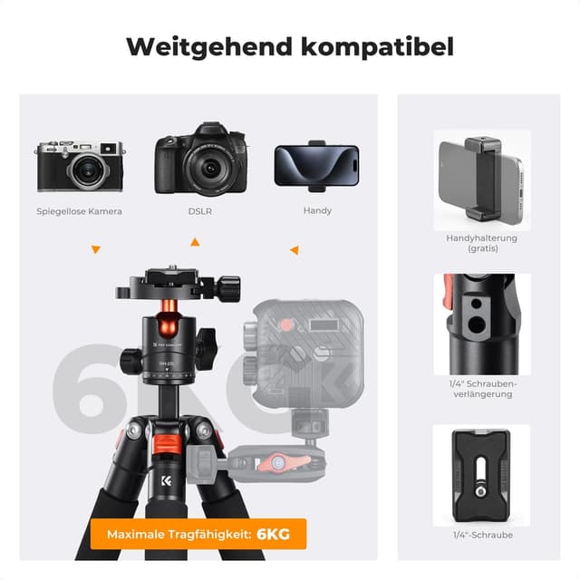Thumbnail 6 de K&F CONCEPT Mini Stativ (55 cm) aus Aluminium mit 360° Kugelkopf – faltbar, 1/4“-Platte, max. 6 kg