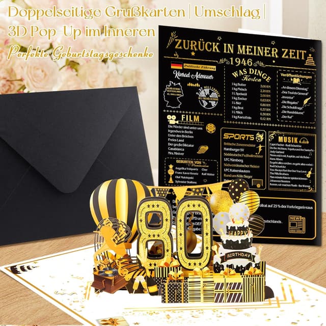 Detalle 2 de Olosong Geburtstagskarte zum 80. Geburtstag – 3D Pop-up Karte „80“ mit Umschlag