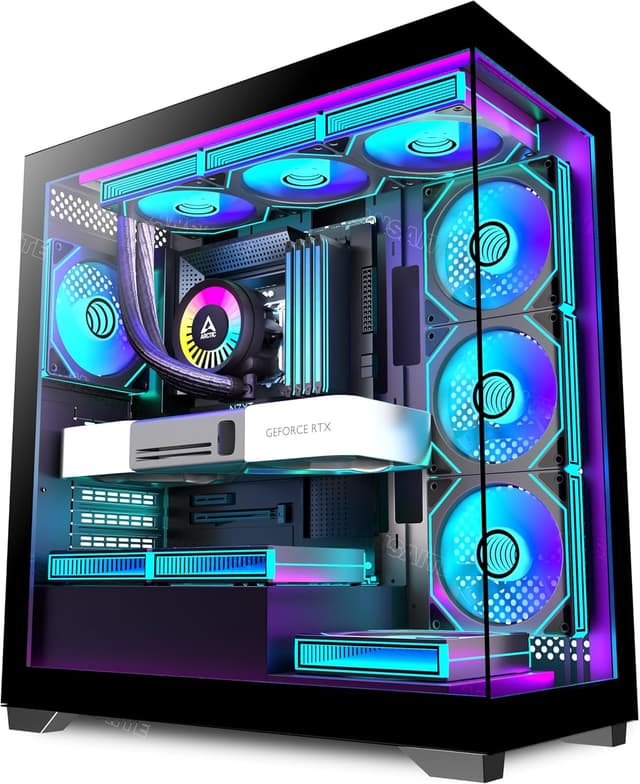 Detalle de ANSAITE C9 PC Case (ATX Mid Tower) with 7×120mm PWM ARGB Fans, Panoramic 270° Tempered Glass, USB Type C, Black