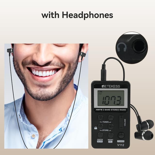 Detalle de Retekess V112 miniradio portatile ricaricabile con cuffie (AM/FM, Nero)