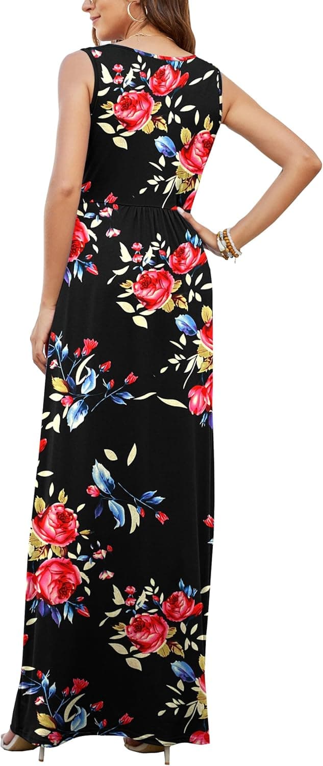 Detalle de AUSELILY Sommerkleid Damen Lang ärmellos Wickelkleid mit Tiefem V-Ausschnitt und Taschen