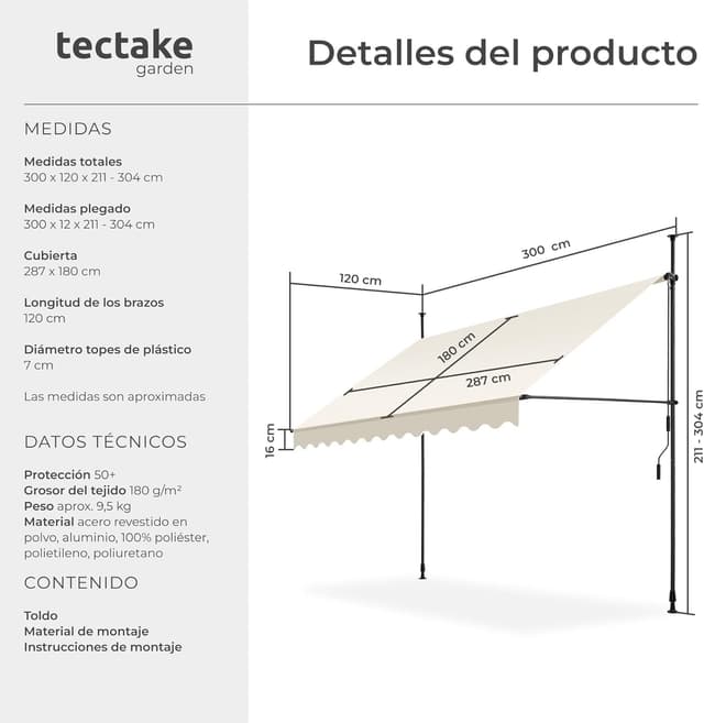Thumbnail 5 de tectake® Toldo Terraza Manual 300 cm Beige ☀️ Resistente a UV y Agua