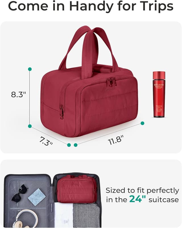 Detalle de BAGSMART Reise-Kulturbeutel Damen (groß) Granatapfelrot – Toiletry Bag mit Griff, 4 Fächern und weit geöffneter Reisetasche