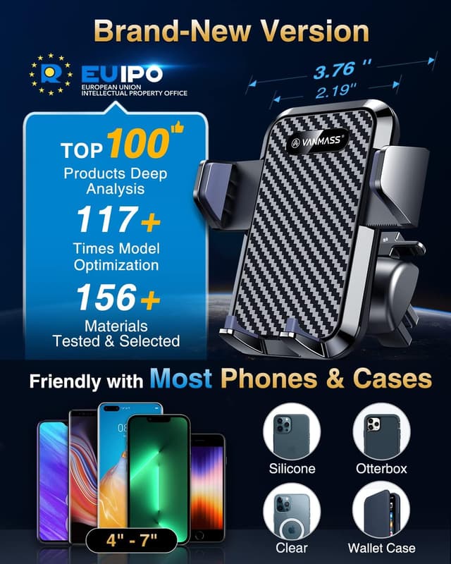 Detalle de VANMASS Handyhalterung Auto 3-in-1 für Lüftung & Saugnapf (Silikon, flexibel einstellbar) – für iPhone & Android