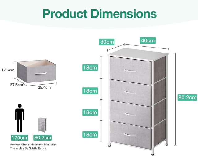 Detalle de Coleshome tall chest of drawers (4 fabric drawers) with wooden top, small & narrow unit, light grey, 40 x 30 x 80 cm