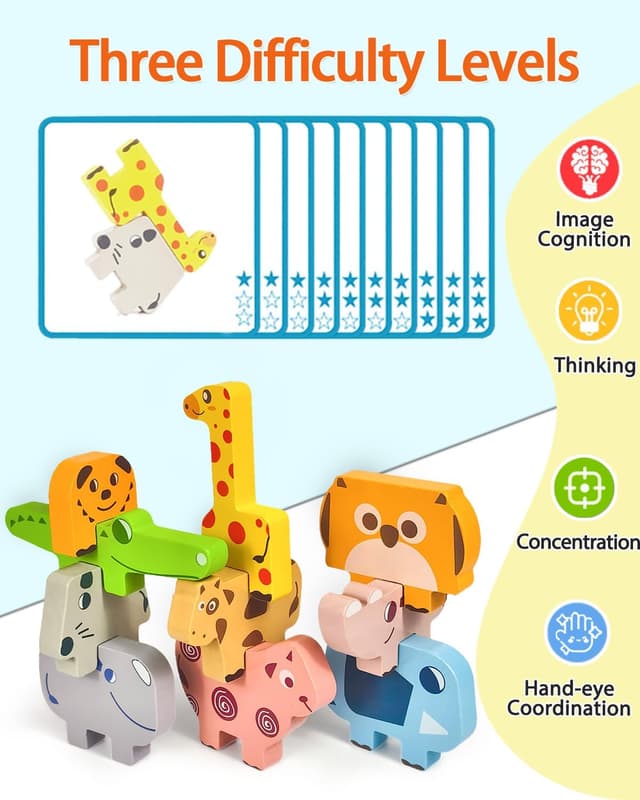 Detalle de Maaacute Montessori Wooden Animal Blocks Sorting & Stacking Toy (10-Pack) for Toddlers Age 2–4