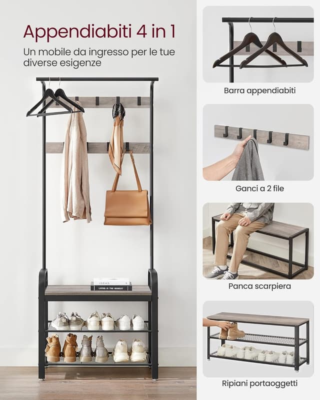 Detalle de VASAGLE Appendiabiti con scarpiera mobile e panca 4 in 1 HSR40MB Greige e Nero