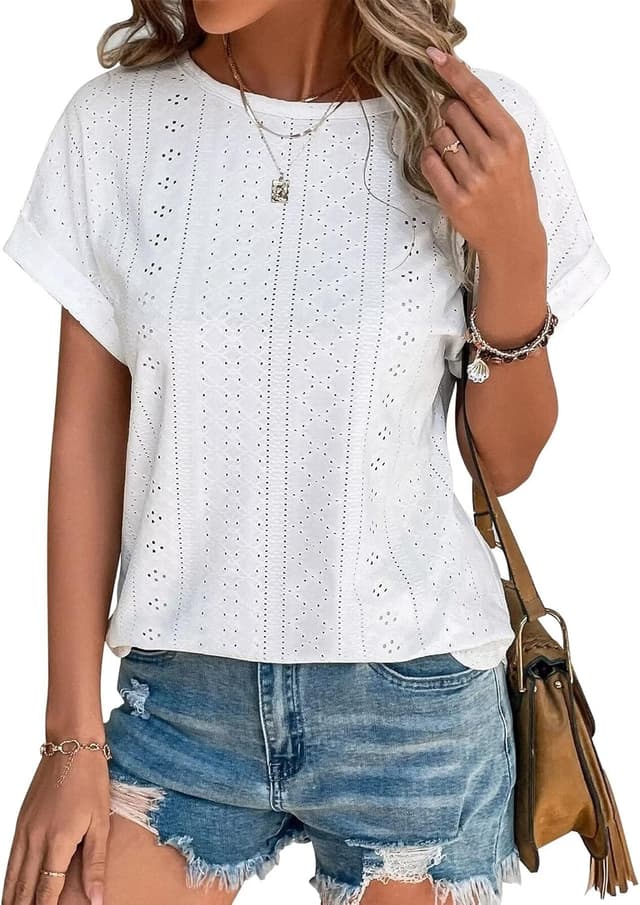 Detalle de Cuptacc Damen-T-Shirt/Bluse mit Lochstickerei, Kurzarm und Fledermausärmeln