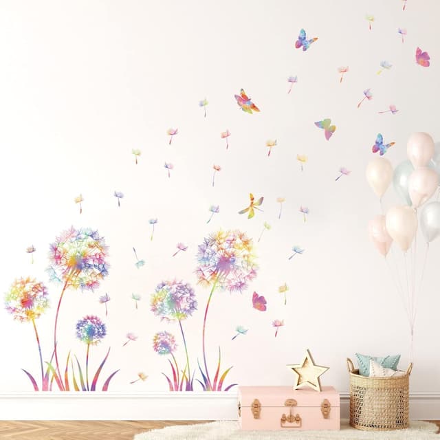 Detalle de KAIRNE Größe Wandtattoo Pusteblume mit Blumen & Schmetterling – bunte Wandsticker für Kinderzimmer & Schlafzimmer