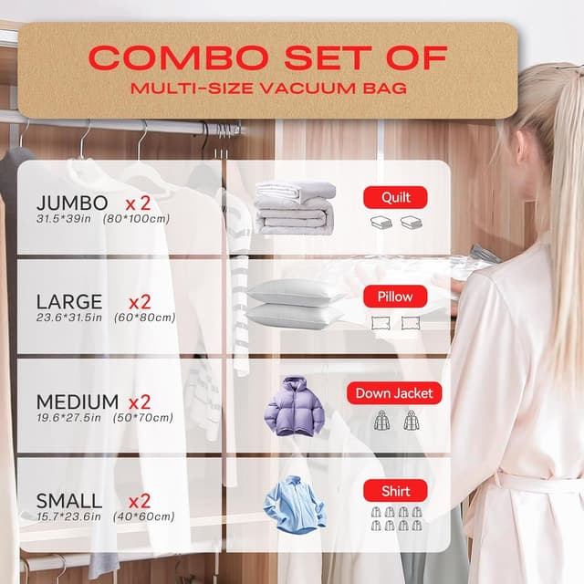 Detalle de Vacbird Sacchetti sottovuoto per vestiti con pompa elettrica, confezione da 8 (2 jumbo, 2 grandi, 2 medi, 2 piccoli)