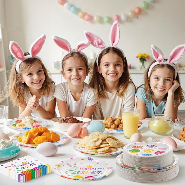 Detalle 2 de 150-Piece Happy Easter Plates and Napkins Paper Dinnerware Set (Easter Egg Hunt Tableware) — Serves 50