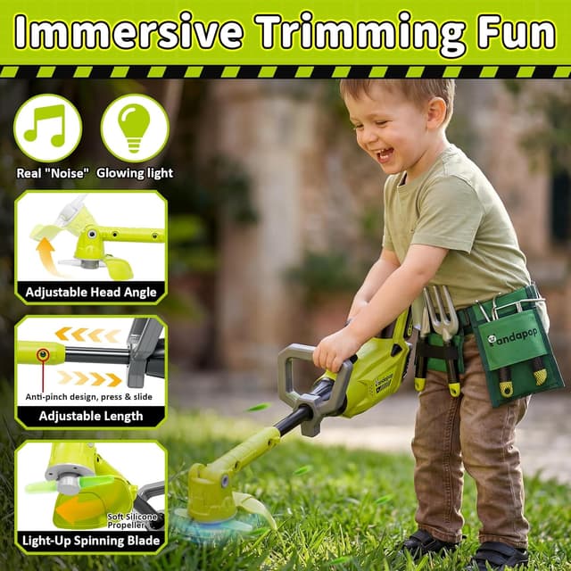 Detalle de Pandapop 2-in-1 Werkzeug-Set für Kinder ab 3 Jahren: Rasenmäher & Laubbläser mit Lichteffekt