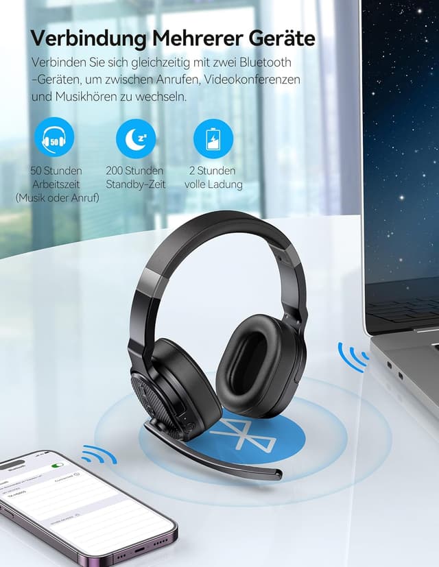 Detalle 2 de TECKNET Bluetooth Headset mit Mikrofon (Single/Dual Noise Cancelling) inkl. USB-Dongle – für Office & Calls