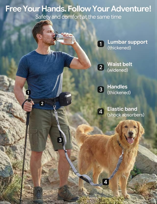 Detalle 2 de Pecute Joggingleine für Hunde (15–55 kg) mit breitem Bauchgurt, wasserdichter Hüfttasche & Stoßdämpfungs-Bungee