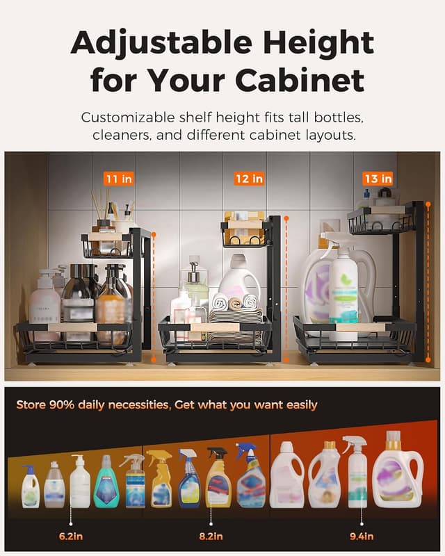 Detalle 2 de Sevenblue 3-Pack Under Sink Organizer (Black) — Height-Adjustable 2-Tier Pull-Out Storage