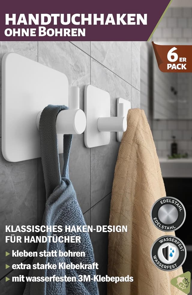 Detalle 2 de Menz Handtuchhaken ohne Bohren – 6er Set weiße Edelstahl-Klebehaken mit 3M-Klebepads