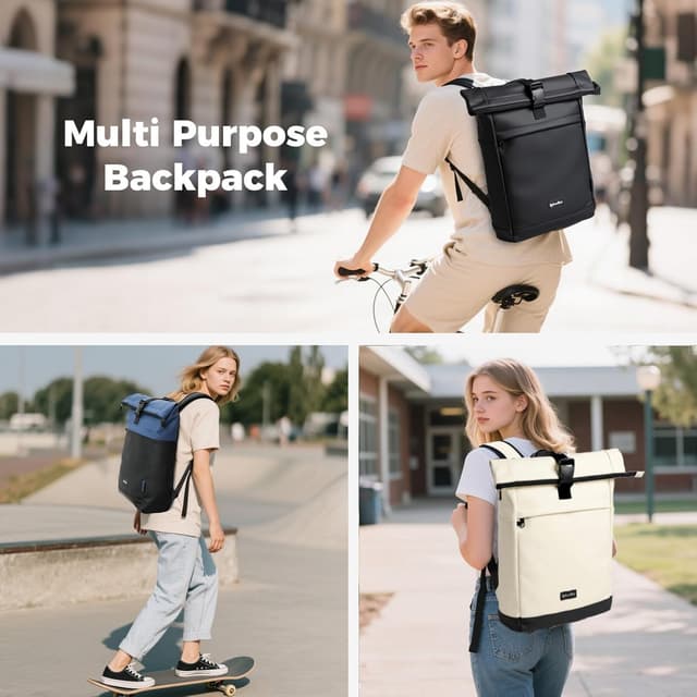 Detalle 2 de Sylvanthos Wasserdicht Rucksack Rolltop mit Laptop-Fach bis 17 Zoll – erweiterbar 18–25L, mit Diebstahlschutz, weiß