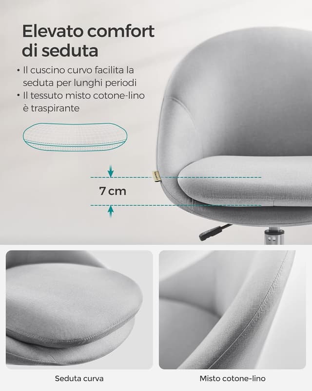 Detalle de SONGMICS Sedia da Studio OBG020G01 girevole 360° in cotone-lino, regolabile in altezza, grigio tortora