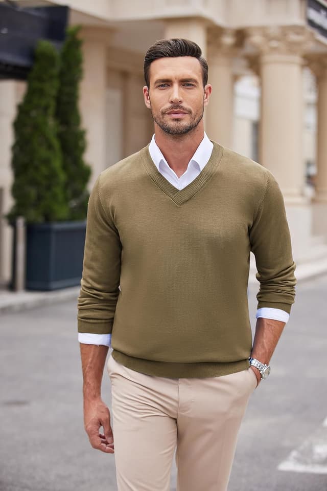 Detalle 2 de COOFANDY pull homme col V en tricot, regular fit business casual