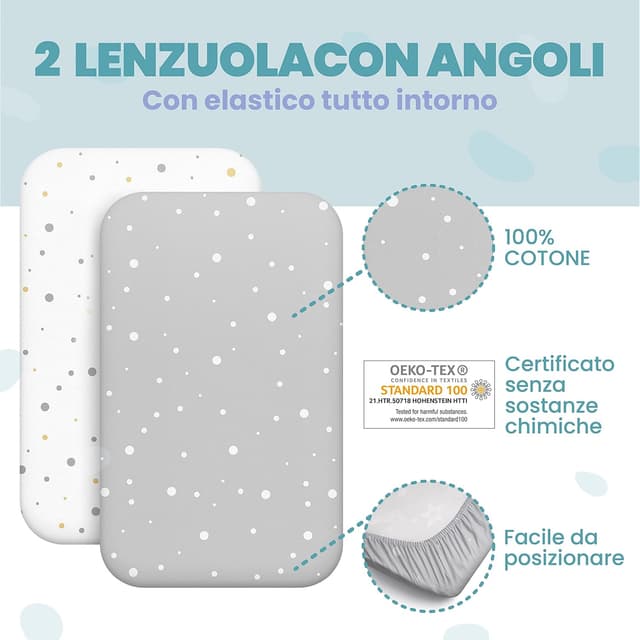 Detalle de Sweety Fox Lenzuola 3-in-1 per culla cododo 55x90 (set da 2) + coprimaterasso impermeabile 3-in-1