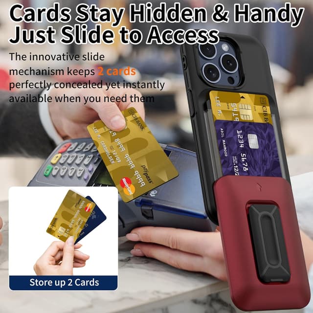 Detalle 2 de Gritup for iPhone 15 Pro Case with Cards Slot & Sliding Cover (with Kickstand) + 2 HD Screen Protectors