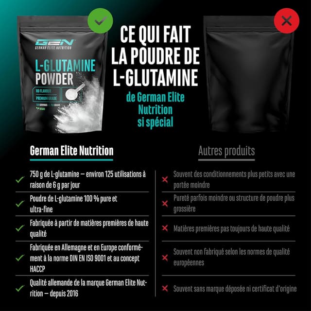 Detalle de L-Glutamine en poudre 750 g Premium (100% L-Glutamine, sans additifs, vegan)