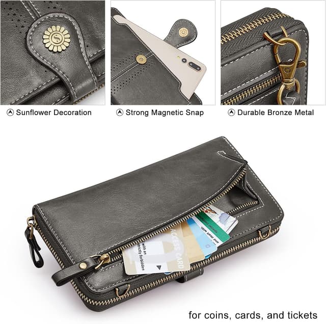 Detalle de S-ZONE Pn21b017 porte-monnaie pour téléphone femme en cuir végétalien avec protection RFID