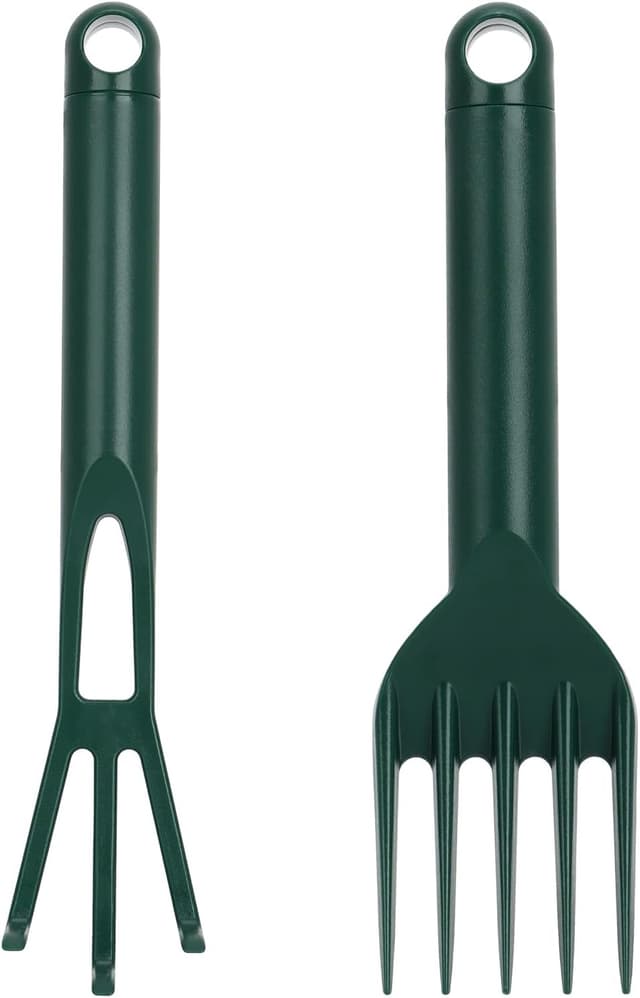 Detalle de COM-FOUR set di attrezzi da giardino in plastica da 4 pezzi: cazzuola lunga e stretta, rastrello e coltivatore