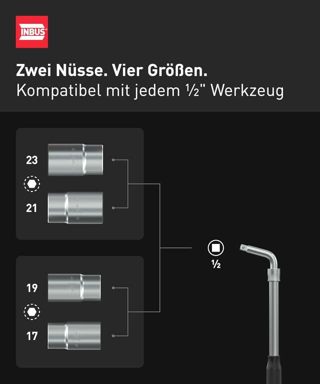 Detalle de INBUS 74926 Teleskop-Radmuttern-Schlüssel Set (4-teilig) mit 17/19 & 21/23 mm Nüssen inklusive Tasche