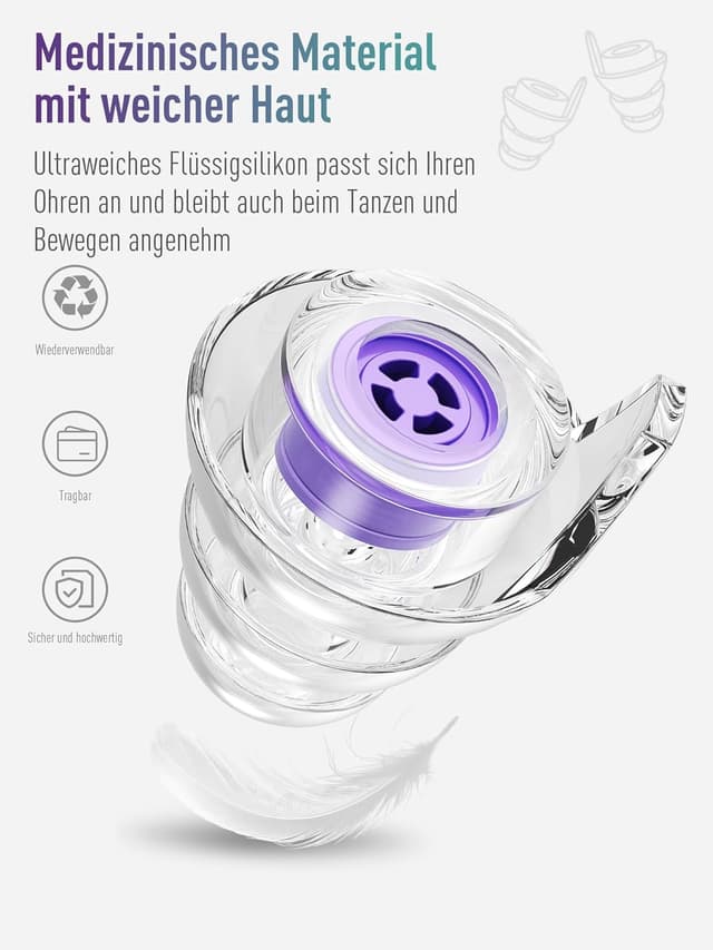 Detalle 2 de Hearprotek Music – 2 Paar Gehörschutz-Ohrstöpsel aus Silikon mit Kordel (violett) für Musiker, Festival & Arbeit