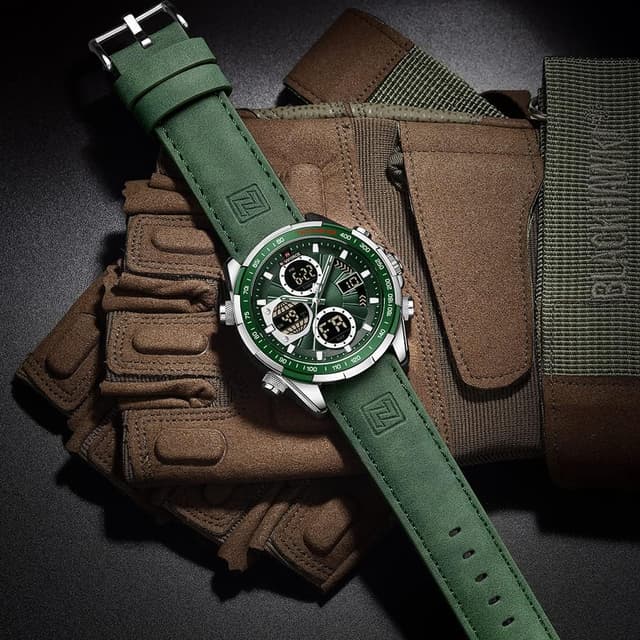 Detalle de Orologio militare multifunzione Naviforce con LED, cronografo e cinturino in vera pelle