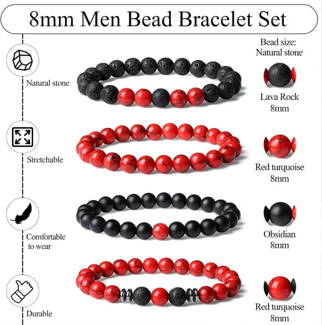 Detalle de XIANNVXI 3–4er Set Perlenarmbänder für Herren (8 mm) aus Naturstein, elastisch verstellbar